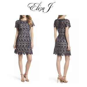 Eliza J. Dark Blue Blue Crochet Lace Overlay Sheath Dress